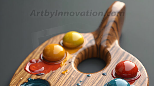 AI-generated painter palette and artist board digital designs — polished metallic palettes, winged fantasy palettes, and premium artist mixing board art in UHD by Art by Innovation.