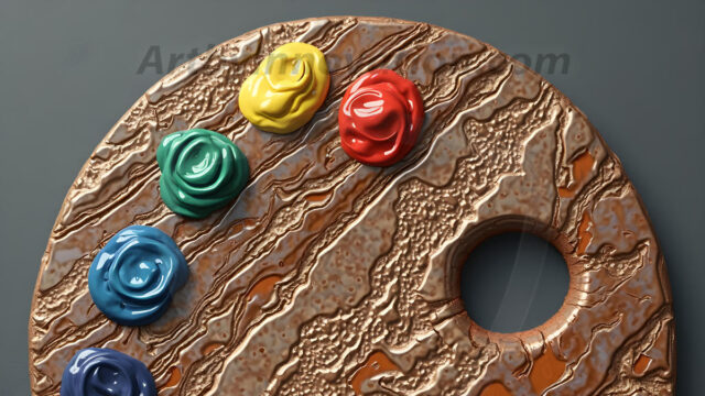 AI-generated painter palette and artist board digital designs — polished metallic palettes, winged fantasy palettes, and premium artist mixing board art in UHD by Art by Innovation.