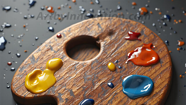 AI-generated painter palette and artist board digital designs — polished metallic palettes, winged fantasy palettes, and premium artist mixing board art in UHD by Art by Innovation.