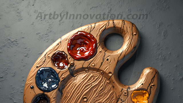 AI-generated painter palette and artist board digital designs — polished metallic palettes, winged fantasy palettes, and premium artist mixing board art in UHD by Art by Innovation.