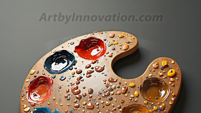 AI-generated painter palette and artist board digital designs — polished metallic palettes, winged fantasy palettes, and premium artist mixing board art in UHD by Art by Innovation.