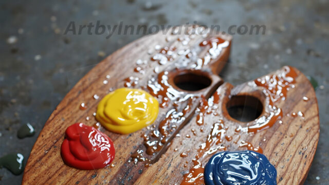 AI-generated painter palette and artist board digital designs — polished metallic palettes, winged fantasy palettes, and premium artist mixing board art in UHD by Art by Innovation.