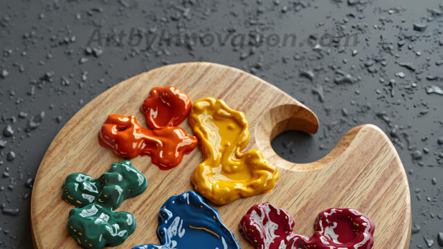 AI-generated painter palette and artist board digital designs — polished metallic palettes, winged fantasy palettes, and premium artist mixing board art in UHD by Art by Innovation.