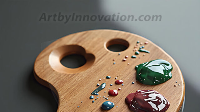 AI-generated painter palette and artist board digital designs — polished metallic palettes, winged fantasy palettes, and premium artist mixing board art in UHD by Art by Innovation.