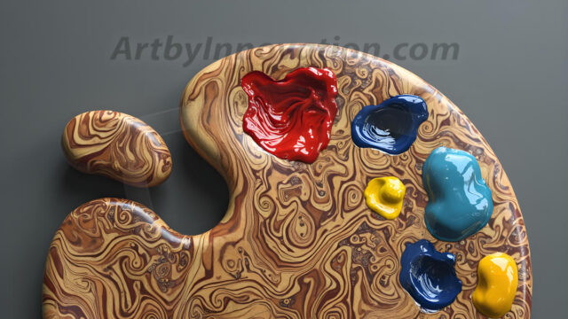 AI-generated painter palette and artist board digital designs — polished metallic palettes, winged fantasy palettes, and premium artist mixing board art in UHD by Art by Innovation.