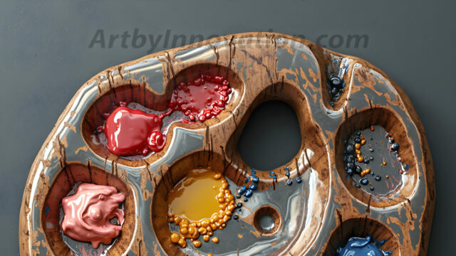 AI-generated painter palette and artist board digital designs — polished metallic palettes, winged fantasy palettes, and premium artist mixing board art in UHD by Art by Innovation.