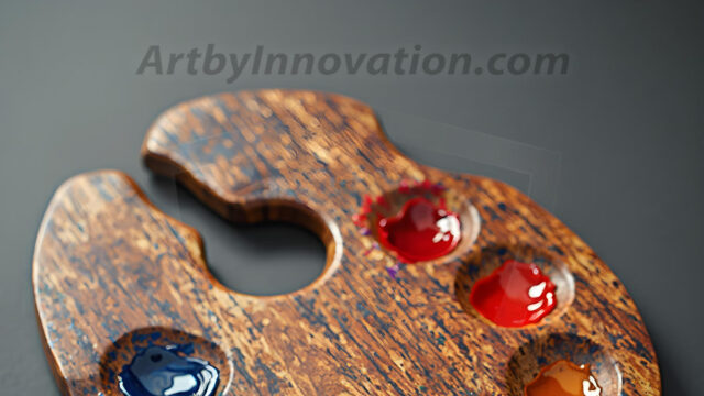 AI-generated painter palette and artist board digital designs — polished metallic palettes, winged fantasy palettes, and premium artist mixing board art in UHD by Art by Innovation.