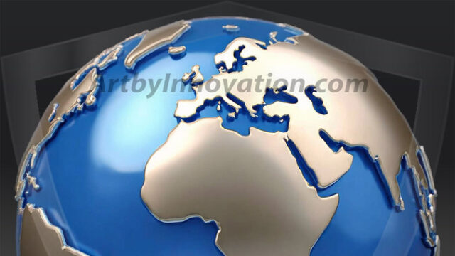 AI-generated Earth orb art featuring sculpted golden continents and deep sapphire oceans, reimagining our planet as a breathtaking artistic object.