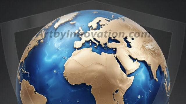 AI-generated Earth orb art featuring sculpted golden continents and deep sapphire oceans, reimagining our planet as a breathtaking artistic object.