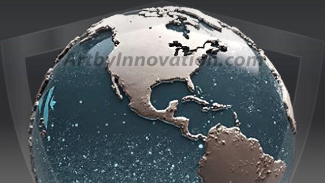 AI-generated Earth orb art featuring sculpted golden continents and deep sapphire oceans, reimagining our planet as a breathtaking artistic object.