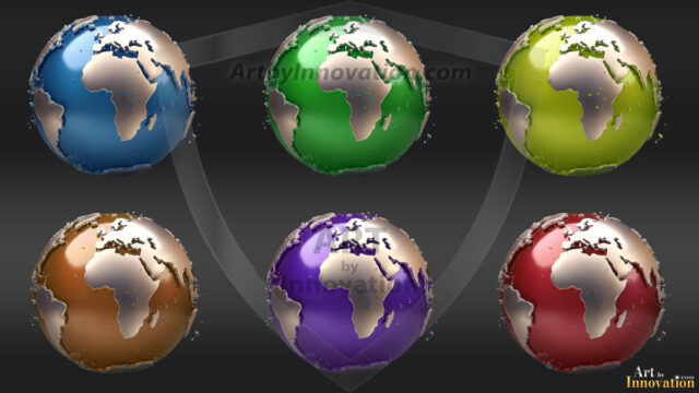 AI-generated Earth orb art featuring sculpted golden continents and deep sapphire oceans, reimagining our planet as a breathtaking artistic object.