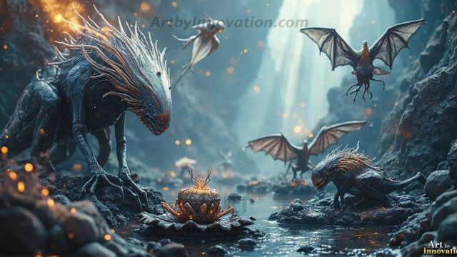 Amazing Alien Life forms and Planets. Fantasy Photographs, by Art by Innovation. Vibrant and detailed, high-resolution quality rendering of fantasy worlds with amazing creatures, both the fauna and flora, that might exist on alien worlds.