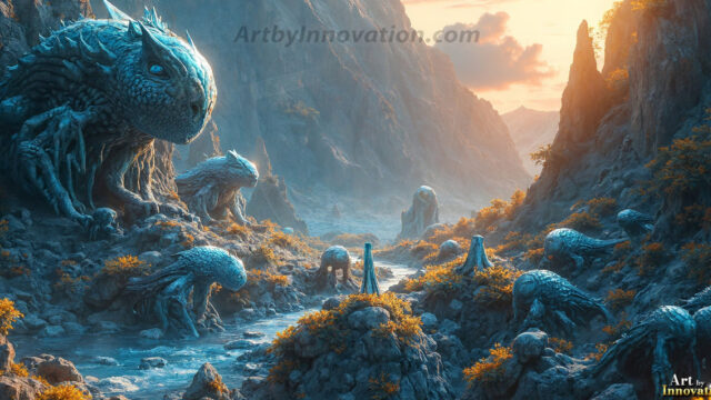 Amazing Alien Life forms and Planets. Fantasy Photographs, by Art by Innovation. Vibrant and detailed, high-resolution quality rendering of fantasy worlds with amazing creatures, both the fauna and flora, that might exist on alien worlds.