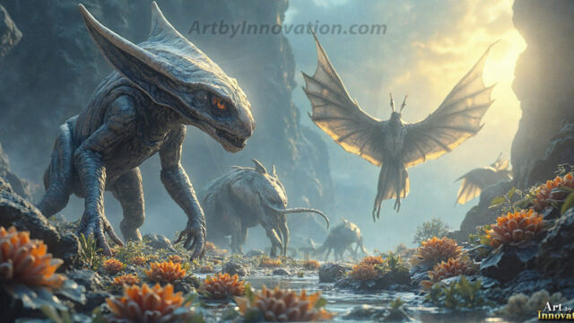 Amazing Alien Life forms and Planets. Fantasy Photographs, by Art by Innovation. Vibrant and detailed, high-resolution quality rendering of fantasy worlds with amazing creatures, both the fauna and flora, that might exist on alien worlds.