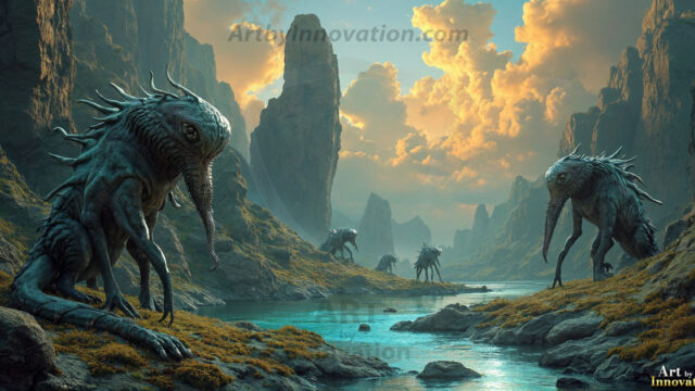 Amazing Alien Life forms and Planets. Fantasy Photographs, by Art by Innovation. Vibrant and detailed, high-resolution quality rendering of fantasy worlds with amazing creatures, both the fauna and flora, that might exist on alien worlds.