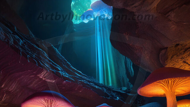 A vibrant and detailed fantasy photograph of an alien planet. Where every element appears meticulously crafted from iridescent stained glass. From a cave system, dominated by towering crystals, giant bioluminescent mushrooms, in all shapes and sizes, that glow in vibrant iridescent colors. A stream of iridescent blue water, flows down the center of the cave from a waterfall, off in the distance. The alien flora, vibrantly colored, attracting alien insects, like nothing you've ever seen. Glow worms hang down from the ceiling, emitting the entire spectrum of the rainbow in colors, they seem to dance and blend as if they are connected. Outside the cave system, the sky shimmers with a breathtaking aurora borealis that fills the sky, creating a cosmic spectacle of galaxies, nebulae, and radiant starlight, in this nighttime landscape.