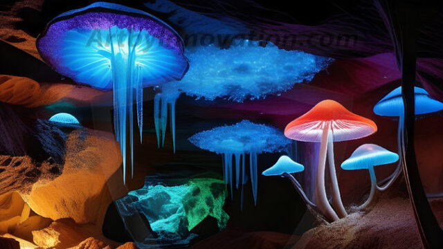 A vibrant and detailed fantasy photograph of an alien planet. Where every element appears meticulously crafted from iridescent stained glass. From a cave system, dominated by towering crystals, giant bioluminescent mushrooms, in all shapes and sizes, that glow in vibrant iridescent colors. A stream of iridescent blue water, flows down the center of the cave from a waterfall, off in the distance. The alien flora, vibrantly colored, attracting alien insects, like nothing you've ever seen. Glow worms hang down from the ceiling, emitting the entire spectrum of the rainbow in colors, they seem to dance and blend as if they are connected. Outside the cave system, the sky shimmers with a breathtaking aurora borealis that fills the sky, creating a cosmic spectacle of galaxies, nebulae, and radiant starlight, in this nighttime landscape.