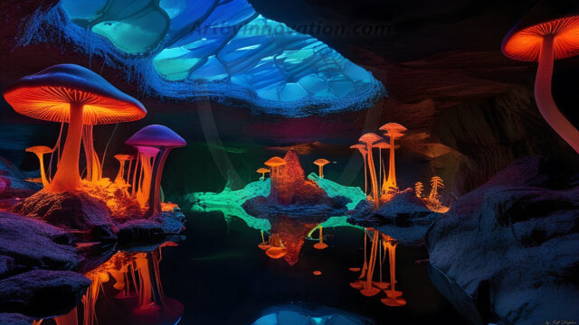 A vibrant and detailed fantasy photograph of an alien planet. Where every element appears meticulously crafted from iridescent stained glass. From a cave system, dominated by towering crystals, giant bioluminescent mushrooms, in all shapes and sizes, that glow in vibrant iridescent colors. A stream of iridescent blue water, flows down the center of the cave from a waterfall, off in the distance. The alien flora, vibrantly colored, attracting alien insects, like nothing you've ever seen. Glow worms hang down from the ceiling, emitting the entire spectrum of the rainbow in colors, they seem to dance and blend as if they are connected. Outside the cave system, the sky shimmers with a breathtaking aurora borealis that fills the sky, creating a cosmic spectacle of galaxies, nebulae, and radiant starlight, in this nighttime landscape.