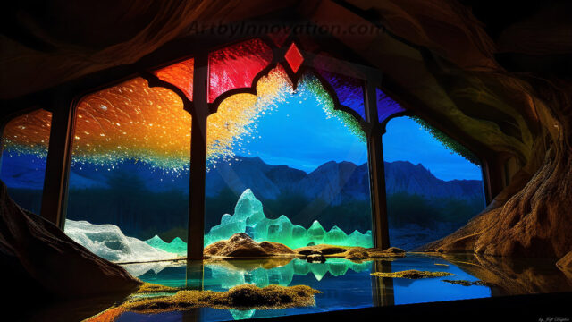 A vibrant and detailed fantasy photograph of an alien planet. Where every element appears meticulously crafted from iridescent stained glass. From a cave system, dominated by towering crystals, giant bioluminescent mushrooms, in all shapes and sizes, that glow in vibrant iridescent colors. A stream of iridescent blue water, flows down the center of the cave from a waterfall, off in the distance. The alien flora, vibrantly colored, attracting alien insects, like nothing you've ever seen. Glow worms hang down from the ceiling, emitting the entire spectrum of the rainbow in colors, they seem to dance and blend as if they are connected. Outside the cave system, the sky shimmers with a breathtaking aurora borealis that fills the sky, creating a cosmic spectacle of galaxies, nebulae, and radiant starlight, in this nighttime landscape.