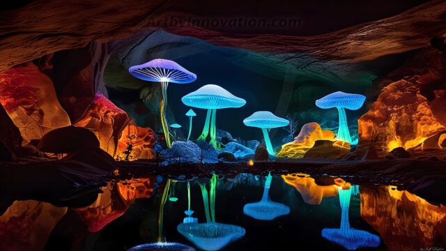 A vibrant and detailed fantasy photograph of an alien planet. Where every element appears meticulously crafted from iridescent stained glass. From a cave system, dominated by towering crystals, giant bioluminescent mushrooms, in all shapes and sizes, that glow in vibrant iridescent colors. A stream of iridescent blue water, flows down the center of the cave from a waterfall, off in the distance. The alien flora, vibrantly colored, attracting alien insects, like nothing you've ever seen. Glow worms hang down from the ceiling, emitting the entire spectrum of the rainbow in colors, they seem to dance and blend as if they are connected. Outside the cave system, the sky shimmers with a breathtaking aurora borealis that fills the sky, creating a cosmic spectacle of galaxies, nebulae, and radiant starlight, in this nighttime landscape.