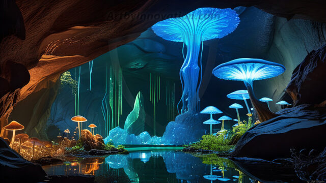 A vibrant and detailed fantasy photograph of an alien planet. Where every element appears meticulously crafted from iridescent stained glass. From a cave system, dominated by towering crystals, giant bioluminescent mushrooms, in all shapes and sizes, that glow in vibrant iridescent colors. A stream of iridescent blue water, flows down the center of the cave from a waterfall, off in the distance. The alien flora, vibrantly colored, attracting alien insects, like nothing you've ever seen. Glow worms hang down from the ceiling, emitting the entire spectrum of the rainbow in colors, they seem to dance and blend as if they are connected. Outside the cave system, the sky shimmers with a breathtaking aurora borealis that fills the sky, creating a cosmic spectacle of galaxies, nebulae, and radiant starlight, in this nighttime landscape.