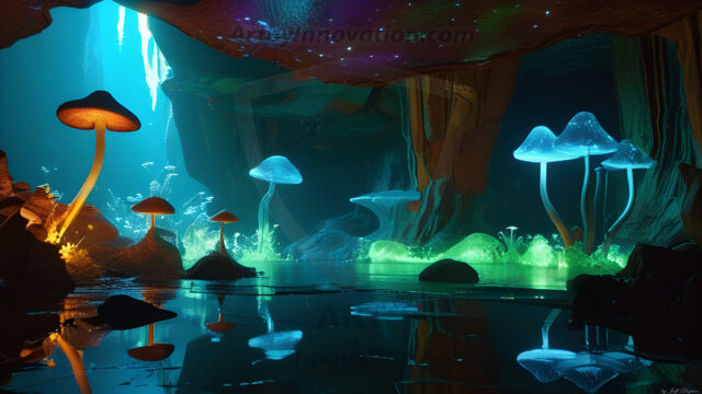 A vibrant and detailed fantasy photograph of an alien planet. Where every element appears meticulously crafted from iridescent stained glass. From a cave system, dominated by towering crystals, giant bioluminescent mushrooms, in all shapes and sizes, that glow in vibrant iridescent colors. A stream of iridescent blue water, flows down the center of the cave from a waterfall, off in the distance. The alien flora, vibrantly colored, attracting alien insects, like nothing you've ever seen. Glow worms hang down from the ceiling, emitting the entire spectrum of the rainbow in colors, they seem to dance and blend as if they are connected. Outside the cave system, the sky shimmers with a breathtaking aurora borealis that fills the sky, creating a cosmic spectacle of galaxies, nebulae, and radiant starlight, in this nighttime landscape.