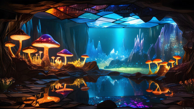 A vibrant and detailed fantasy photograph of an alien planet. Where every element appears meticulously crafted from iridescent stained glass. From a cave system, dominated by towering crystals, giant bioluminescent mushrooms, in all shapes and sizes, that glow in vibrant iridescent colors. A stream of iridescent blue water, flows down the center of the cave from a waterfall, off in the distance. The alien flora, vibrantly colored, attracting alien insects, like nothing you've ever seen. Glow worms hang down from the ceiling, emitting the entire spectrum of the rainbow in colors, they seem to dance and blend as if they are connected. Outside the cave system, the sky shimmers with a breathtaking aurora borealis that fills the sky, creating a cosmic spectacle of galaxies, nebulae, and radiant starlight, in this nighttime landscape.