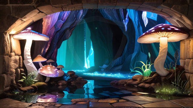 A vibrant and detailed fantasy photograph of an alien planet. Where every element appears meticulously crafted from iridescent stained glass. From a cave system, dominated by towering crystals, giant bioluminescent mushrooms, in all shapes and sizes, that glow in vibrant iridescent colors. A stream of iridescent blue water, flows down the center of the cave from a waterfall, off in the distance. The alien flora, vibrantly colored, attracting alien insects, like nothing you've ever seen. Glow worms hang down from the ceiling, emitting the entire spectrum of the rainbow in colors, they seem to dance and blend as if they are connected. Outside the cave system, the sky shimmers with a breathtaking aurora borealis that fills the sky, creating a cosmic spectacle of galaxies, nebulae, and radiant starlight, in this nighttime landscape.