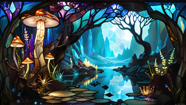 A vibrant and detailed fantasy photograph of an alien planet. Where every element appears meticulously crafted from iridescent stained glass. From a cave system, dominated by towering crystals, giant bioluminescent mushrooms, in all shapes and sizes, that glow in vibrant iridescent colors. A stream of iridescent blue water, flows down the center of the cave from a waterfall, off in the distance. The alien flora, vibrantly colored, attracting alien insects, like nothing you've ever seen. Glow worms hang down from the ceiling, emitting the entire spectrum of the rainbow in colors, they seem to dance and blend as if they are connected. Outside the cave system, the sky shimmers with a breathtaking aurora borealis that fills the sky, creating a cosmic spectacle of galaxies, nebulae, and radiant starlight, in this nighttime landscape.