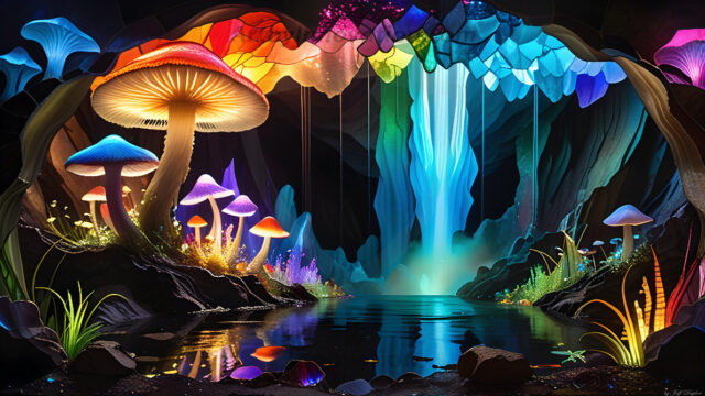 A vibrant and detailed fantasy photograph of an alien planet. Where every element appears meticulously crafted from iridescent stained glass. From a cave system, dominated by towering crystals, giant bioluminescent mushrooms, in all shapes and sizes, that glow in vibrant iridescent colors. A stream of iridescent blue water, flows down the center of the cave from a waterfall, off in the distance. The alien flora, vibrantly colored, attracting alien insects, like nothing you've ever seen. Glow worms hang down from the ceiling, emitting the entire spectrum of the rainbow in colors, they seem to dance and blend as if they are connected. Outside the cave system, the sky shimmers with a breathtaking aurora borealis that fills the sky, creating a cosmic spectacle of galaxies, nebulae, and radiant starlight, in this nighttime landscape.