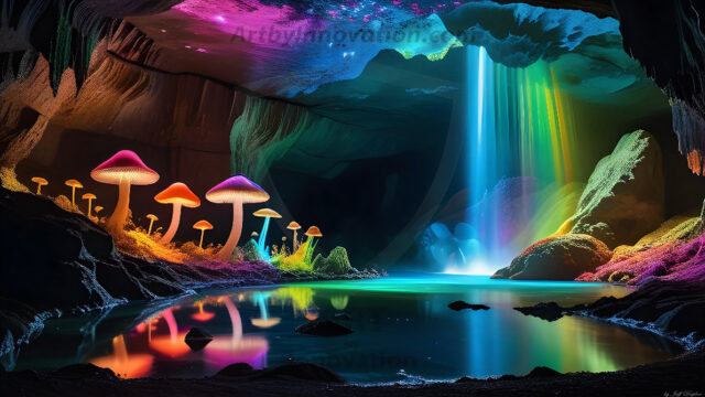 A vibrant and detailed fantasy photograph of an alien planet. Where every element appears meticulously crafted from iridescent stained glass. From a cave system, dominated by towering crystals, giant bioluminescent mushrooms, in all shapes and sizes, that glow in vibrant iridescent colors. A stream of iridescent blue water, flows down the center of the cave from a waterfall, off in the distance. The alien flora, vibrantly colored, attracting alien insects, like nothing you've ever seen. Glow worms hang down from the ceiling, emitting the entire spectrum of the rainbow in colors, they seem to dance and blend as if they are connected. Outside the cave system, the sky shimmers with a breathtaking aurora borealis that fills the sky, creating a cosmic spectacle of galaxies, nebulae, and radiant starlight, in this nighttime landscape.