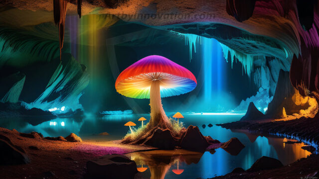 A vibrant and detailed fantasy photograph of an alien planet. Where every element appears meticulously crafted from iridescent stained glass. From a cave system, dominated by towering crystals, giant bioluminescent mushrooms, in all shapes and sizes, that glow in vibrant iridescent colors. A stream of iridescent blue water, flows down the center of the cave from a waterfall, off in the distance. The alien flora, vibrantly colored, attracting alien insects, like nothing you've ever seen. Glow worms hang down from the ceiling, emitting the entire spectrum of the rainbow in colors, they seem to dance and blend as if they are connected. Outside the cave system, the sky shimmers with a breathtaking aurora borealis that fills the sky, creating a cosmic spectacle of galaxies, nebulae, and radiant starlight, in this nighttime landscape.