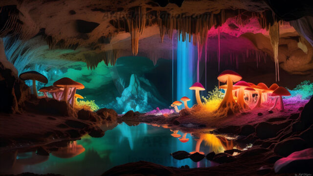A vibrant and detailed fantasy photograph of an alien planet. Where every element appears meticulously crafted from iridescent stained glass. From a cave system, dominated by towering crystals, giant bioluminescent mushrooms, in all shapes and sizes, that glow in vibrant iridescent colors. A stream of iridescent blue water, flows down the center of the cave from a waterfall, off in the distance. The alien flora, vibrantly colored, attracting alien insects, like nothing you've ever seen. Glow worms hang down from the ceiling, emitting the entire spectrum of the rainbow in colors, they seem to dance and blend as if they are connected. Outside the cave system, the sky shimmers with a breathtaking aurora borealis that fills the sky, creating a cosmic spectacle of galaxies, nebulae, and radiant starlight, in this nighttime landscape.
