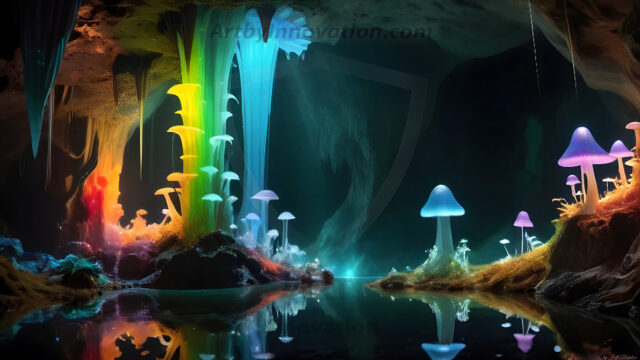 A vibrant and detailed fantasy photograph of an alien planet. Where every element appears meticulously crafted from iridescent stained glass. From a cave system, dominated by towering crystals, giant bioluminescent mushrooms, in all shapes and sizes, that glow in vibrant iridescent colors. A stream of iridescent blue water, flows down the center of the cave from a waterfall, off in the distance. The alien flora, vibrantly colored, attracting alien insects, like nothing you've ever seen. Glow worms hang down from the ceiling, emitting the entire spectrum of the rainbow in colors, they seem to dance and blend as if they are connected. Outside the cave system, the sky shimmers with a breathtaking aurora borealis that fills the sky, creating a cosmic spectacle of galaxies, nebulae, and radiant starlight, in this nighttime landscape.