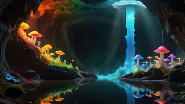 A vibrant and detailed fantasy photograph of an alien planet. Where every element appears meticulously crafted from iridescent stained glass. From a cave system, dominated by towering crystals, giant bioluminescent mushrooms, in all shapes and sizes, that glow in vibrant iridescent colors. A stream of iridescent blue water, flows down the center of the cave from a waterfall, off in the distance. The alien flora, vibrantly colored, attracting alien insects, like nothing you've ever seen. Glow worms hang down from the ceiling, emitting the entire spectrum of the rainbow in colors, they seem to dance and blend as if they are connected. Outside the cave system, the sky shimmers with a breathtaking aurora borealis that fills the sky, creating a cosmic spectacle of galaxies, nebulae, and radiant starlight, in this nighttime landscape.