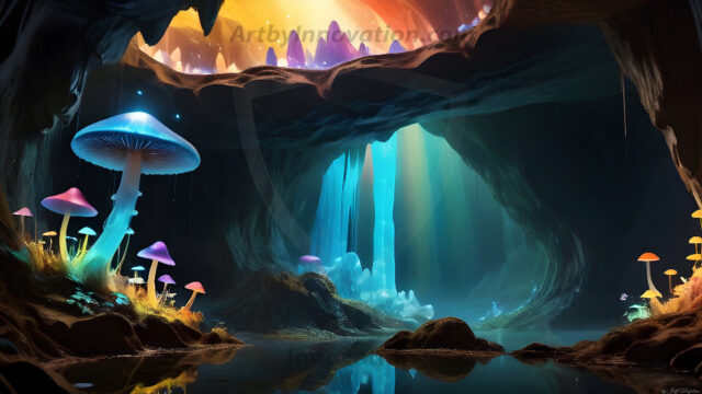 A vibrant and detailed fantasy photograph of an alien planet. Where every element appears meticulously crafted from iridescent stained glass. From a cave system, dominated by towering crystals, giant bioluminescent mushrooms, in all shapes and sizes, that glow in vibrant iridescent colors. A stream of iridescent blue water, flows down the center of the cave from a waterfall, off in the distance. The alien flora, vibrantly colored, attracting alien insects, like nothing you've ever seen. Glow worms hang down from the ceiling, emitting the entire spectrum of the rainbow in colors, they seem to dance and blend as if they are connected. Outside the cave system, the sky shimmers with a breathtaking aurora borealis that fills the sky, creating a cosmic spectacle of galaxies, nebulae, and radiant starlight, in this nighttime landscape.