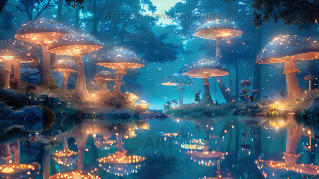 A vibrant and detailed fantasy photograph of an alien planet. Where every element appears meticulously crafted from iridescent stained glass. From a cave system, dominated by towering crystals, giant bioluminescent mushrooms, in all shapes and sizes, that glow in vibrant iridescent colors. A stream of iridescent blue water, flows down the center of the cave from a waterfall, off in the distance. The alien flora, vibrantly colored, attracting alien insects, like nothing you've ever seen. Glow worms hang down from the ceiling, emitting the entire spectrum of the rainbow in colors, they seem to dance and blend as if they are connected. Outside the cave system, the sky shimmers with a breathtaking aurora borealis that fills the sky, creating a cosmic spectacle of galaxies, nebulae, and radiant starlight, in this nighttime landscape.