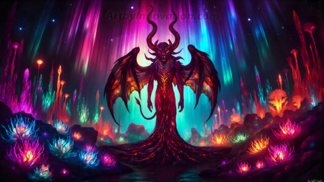 A vibrant and detailed fantasy photograph of an alien planet. Where every element appears meticulously crafted from iridescent stained glass. From a cave system, dominated by towering crystals, giant bioluminescent mushrooms, in all shapes and sizes, that glow in vibrant iridescent colors. A stream of iridescent blue water, flows down the center of the cave from a waterfall, off in the distance. The alien flora, vibrantly colored, attracting alien insects, like nothing you've ever seen. Glow worms hang down from the ceiling, emitting the entire spectrum of the rainbow in colors, they seem to dance and blend as if they are connected. Outside the cave system, the sky shimmers with a breathtaking aurora borealis that fills the sky, creating a cosmic spectacle of galaxies, nebulae, and radiant starlight, in this nighttime landscape.