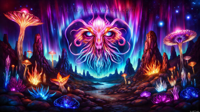 A vibrant and detailed fantasy photograph of an alien planet. Where every element appears meticulously crafted from iridescent stained glass. From a cave system, dominated by towering crystals, giant bioluminescent mushrooms, in all shapes and sizes, that glow in vibrant iridescent colors. A stream of iridescent blue water, flows down the center of the cave from a waterfall, off in the distance. The alien flora, vibrantly colored, attracting alien insects, like nothing you've ever seen. Glow worms hang down from the ceiling, emitting the entire spectrum of the rainbow in colors, they seem to dance and blend as if they are connected. Outside the cave system, the sky shimmers with a breathtaking aurora borealis that fills the sky, creating a cosmic spectacle of galaxies, nebulae, and radiant starlight, in this nighttime landscape.