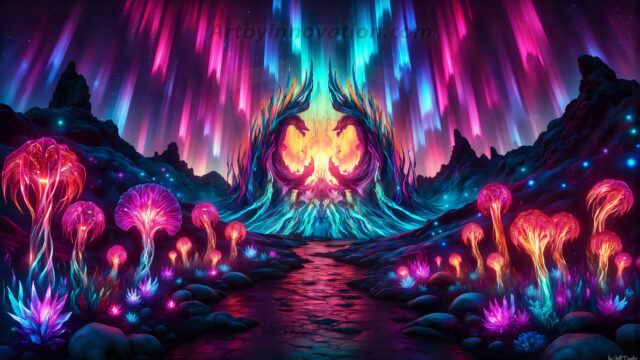 A vibrant and detailed fantasy photograph of an alien planet. Where every element appears meticulously crafted from iridescent stained glass. From a cave system, dominated by towering crystals, giant bioluminescent mushrooms, in all shapes and sizes, that glow in vibrant iridescent colors. A stream of iridescent blue water, flows down the center of the cave from a waterfall, off in the distance. The alien flora, vibrantly colored, attracting alien insects, like nothing you've ever seen. Glow worms hang down from the ceiling, emitting the entire spectrum of the rainbow in colors, they seem to dance and blend as if they are connected. Outside the cave system, the sky shimmers with a breathtaking aurora borealis that fills the sky, creating a cosmic spectacle of galaxies, nebulae, and radiant starlight, in this nighttime landscape.