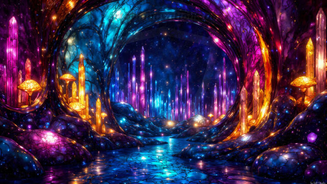 A vibrant and detailed fantasy photograph of an alien planet. Where every element appears meticulously crafted from iridescent stained glass. From a cave system, dominated by towering crystals, giant bioluminescent mushrooms, in all shapes and sizes, that glow in vibrant iridescent colors. A stream of iridescent blue water, flows down the center of the cave from a waterfall, off in the distance. The alien flora, vibrantly colored, attracting alien insects, like nothing you've ever seen. Glow worms hang down from the ceiling, emitting the entire spectrum of the rainbow in colors, they seem to dance and blend as if they are connected. Outside the cave system, the sky shimmers with a breathtaking aurora borealis that fills the sky, creating a cosmic spectacle of galaxies, nebulae, and radiant starlight, in this nighttime landscape.