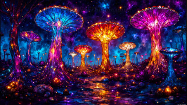 A vibrant and detailed fantasy photograph of an alien planet. Where every element appears meticulously crafted from iridescent stained glass. From a cave system, dominated by towering crystals, giant bioluminescent mushrooms, in all shapes and sizes, that glow in vibrant iridescent colors. A stream of iridescent blue water, flows down the center of the cave from a waterfall, off in the distance. The alien flora, vibrantly colored, attracting alien insects, like nothing you've ever seen. Glow worms hang down from the ceiling, emitting the entire spectrum of the rainbow in colors, they seem to dance and blend as if they are connected. Outside the cave system, the sky shimmers with a breathtaking aurora borealis that fills the sky, creating a cosmic spectacle of galaxies, nebulae, and radiant starlight, in this nighttime landscape.