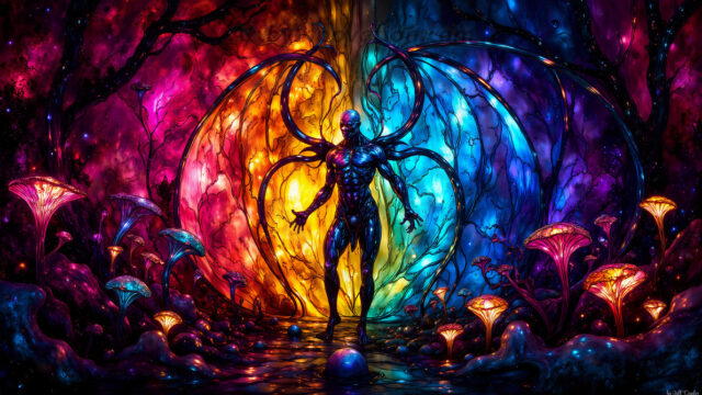 A vibrant and detailed fantasy photograph of an alien planet. Where every element appears meticulously crafted from iridescent stained glass. From a cave system, dominated by towering crystals, giant bioluminescent mushrooms, in all shapes and sizes, that glow in vibrant iridescent colors. A stream of iridescent blue water, flows down the center of the cave from a waterfall, off in the distance. The alien flora, vibrantly colored, attracting alien insects, like nothing you've ever seen. Glow worms hang down from the ceiling, emitting the entire spectrum of the rainbow in colors, they seem to dance and blend as if they are connected. Outside the cave system, the sky shimmers with a breathtaking aurora borealis that fills the sky, creating a cosmic spectacle of galaxies, nebulae, and radiant starlight, in this nighttime landscape.