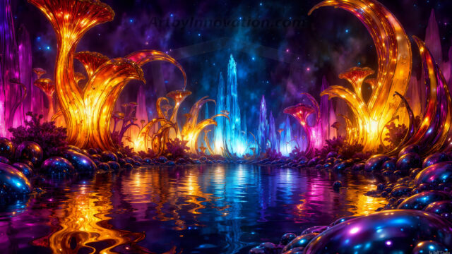 A vibrant and detailed fantasy photograph of an alien planet. Where every element appears meticulously crafted from iridescent stained glass. From a cave system, dominated by towering crystals, giant bioluminescent mushrooms, in all shapes and sizes, that glow in vibrant iridescent colors. A stream of iridescent blue water, flows down the center of the cave from a waterfall, off in the distance. The alien flora, vibrantly colored, attracting alien insects, like nothing you've ever seen. Glow worms hang down from the ceiling, emitting the entire spectrum of the rainbow in colors, they seem to dance and blend as if they are connected. Outside the cave system, the sky shimmers with a breathtaking aurora borealis that fills the sky, creating a cosmic spectacle of galaxies, nebulae, and radiant starlight, in this nighttime landscape.