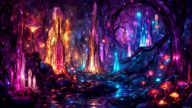 A vibrant and detailed fantasy photograph of an alien planet. Where every element appears meticulously crafted from iridescent stained glass. From a cave system, dominated by towering crystals, giant bioluminescent mushrooms, in all shapes and sizes, that glow in vibrant iridescent colors. A stream of iridescent blue water, flows down the center of the cave from a waterfall, off in the distance. The alien flora, vibrantly colored, attracting alien insects, like nothing you've ever seen. Glow worms hang down from the ceiling, emitting the entire spectrum of the rainbow in colors, they seem to dance and blend as if they are connected. Outside the cave system, the sky shimmers with a breathtaking aurora borealis that fills the sky, creating a cosmic spectacle of galaxies, nebulae, and radiant starlight, in this nighttime landscape.