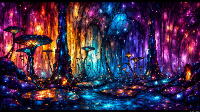 A vibrant and detailed fantasy photograph of an alien planet. Where every element appears meticulously crafted from iridescent stained glass. From a cave system, dominated by towering crystals, giant bioluminescent mushrooms, in all shapes and sizes, that glow in vibrant iridescent colors. A stream of iridescent blue water, flows down the center of the cave from a waterfall, off in the distance. The alien flora, vibrantly colored, attracting alien insects, like nothing you've ever seen. Glow worms hang down from the ceiling, emitting the entire spectrum of the rainbow in colors, they seem to dance and blend as if they are connected. Outside the cave system, the sky shimmers with a breathtaking aurora borealis that fills the sky, creating a cosmic spectacle of galaxies, nebulae, and radiant starlight, in this nighttime landscape.