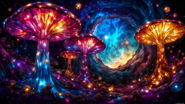 A vibrant and detailed fantasy photograph of an alien planet. Where every element appears meticulously crafted from iridescent stained glass. From a cave system, dominated by towering crystals, giant bioluminescent mushrooms, in all shapes and sizes, that glow in vibrant iridescent colors. A stream of iridescent blue water, flows down the center of the cave from a waterfall, off in the distance. The alien flora, vibrantly colored, attracting alien insects, like nothing you've ever seen. Glow worms hang down from the ceiling, emitting the entire spectrum of the rainbow in colors, they seem to dance and blend as if they are connected. Outside the cave system, the sky shimmers with a breathtaking aurora borealis that fills the sky, creating a cosmic spectacle of galaxies, nebulae, and radiant starlight, in this nighttime landscape.