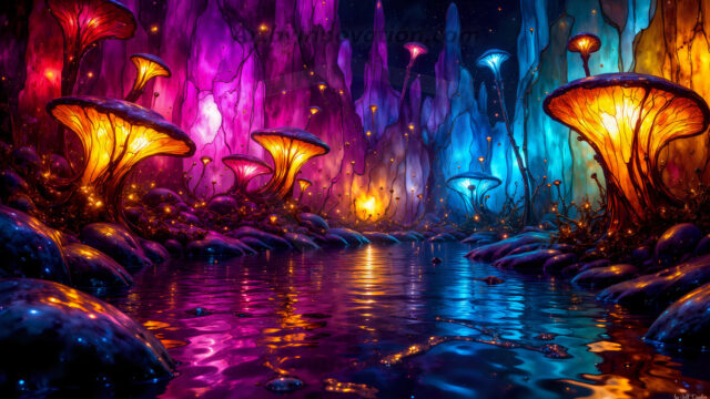 A vibrant and detailed fantasy photograph of an alien planet. Where every element appears meticulously crafted from iridescent stained glass. From a cave system, dominated by towering crystals, giant bioluminescent mushrooms, in all shapes and sizes, that glow in vibrant iridescent colors. A stream of iridescent blue water, flows down the center of the cave from a waterfall, off in the distance. The alien flora, vibrantly colored, attracting alien insects, like nothing you've ever seen. Glow worms hang down from the ceiling, emitting the entire spectrum of the rainbow in colors, they seem to dance and blend as if they are connected. Outside the cave system, the sky shimmers with a breathtaking aurora borealis that fills the sky, creating a cosmic spectacle of galaxies, nebulae, and radiant starlight, in this nighttime landscape.
