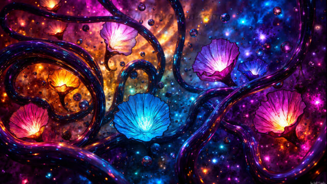 A vibrant and detailed fantasy photograph of an alien planet. Where every element appears meticulously crafted from iridescent stained glass. From a cave system, dominated by towering crystals, giant bioluminescent mushrooms, in all shapes and sizes, that glow in vibrant iridescent colors. A stream of iridescent blue water, flows down the center of the cave from a waterfall, off in the distance. The alien flora, vibrantly colored, attracting alien insects, like nothing you've ever seen. Glow worms hang down from the ceiling, emitting the entire spectrum of the rainbow in colors, they seem to dance and blend as if they are connected. Outside the cave system, the sky shimmers with a breathtaking aurora borealis that fills the sky, creating a cosmic spectacle of galaxies, nebulae, and radiant starlight, in this nighttime landscape.