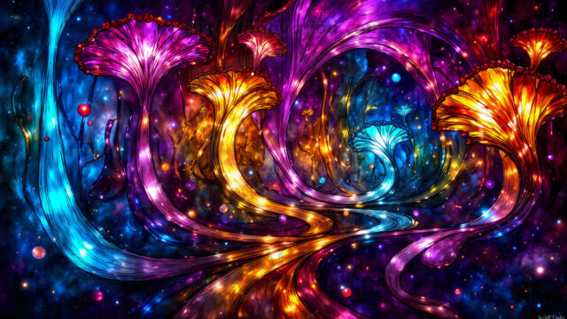 A vibrant and detailed fantasy photograph of an alien planet. Where every element appears meticulously crafted from iridescent stained glass. From a cave system, dominated by towering crystals, giant bioluminescent mushrooms, in all shapes and sizes, that glow in vibrant iridescent colors. A stream of iridescent blue water, flows down the center of the cave from a waterfall, off in the distance. The alien flora, vibrantly colored, attracting alien insects, like nothing you've ever seen. Glow worms hang down from the ceiling, emitting the entire spectrum of the rainbow in colors, they seem to dance and blend as if they are connected. Outside the cave system, the sky shimmers with a breathtaking aurora borealis that fills the sky, creating a cosmic spectacle of galaxies, nebulae, and radiant starlight, in this nighttime landscape.